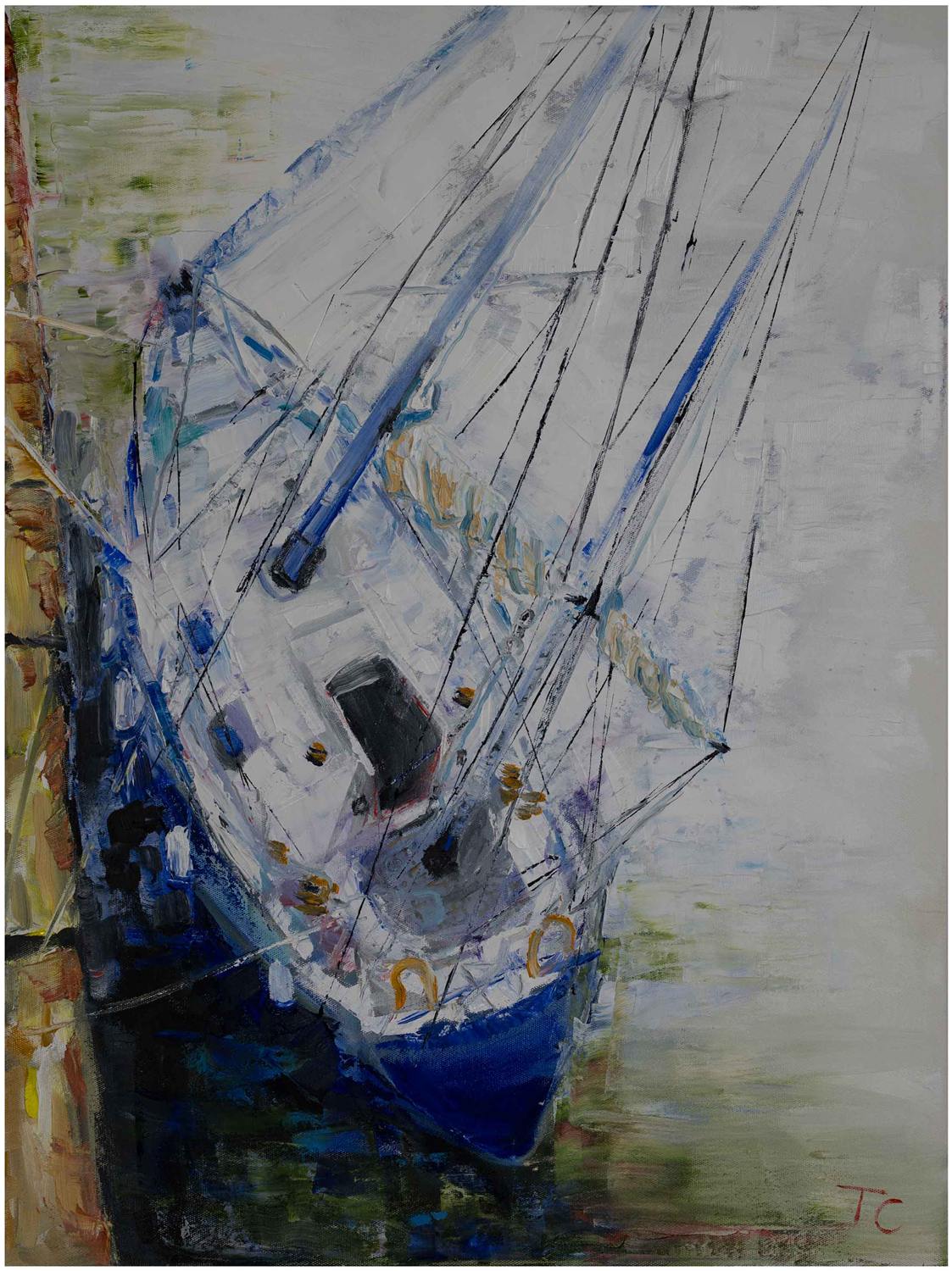 Yacht at Wicklow Quay — painting by Trevor Chatfield
